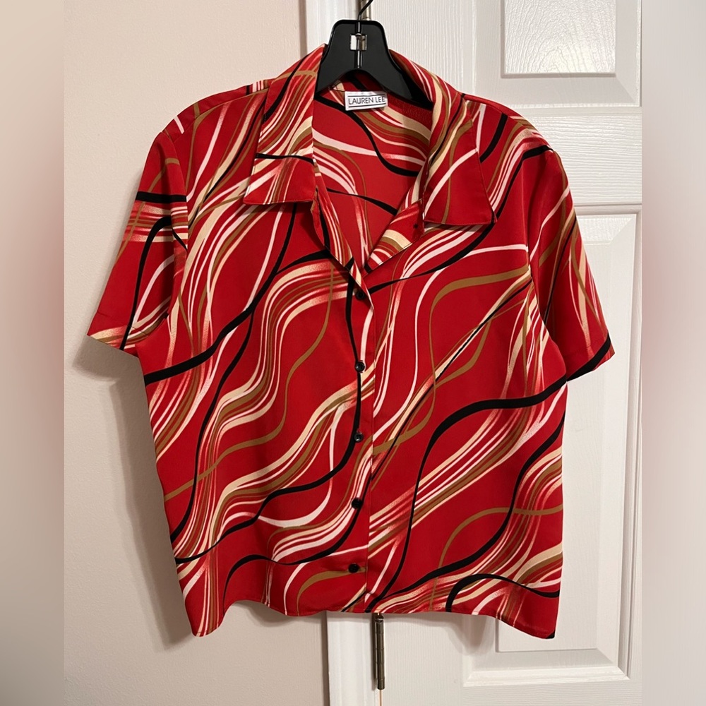 EUC Red Button down shirt with waves print